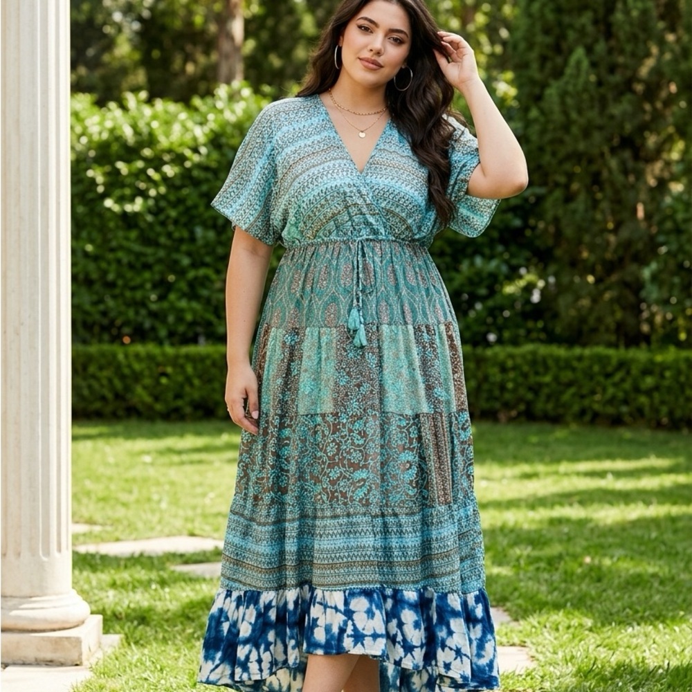 Boho Patchwork V-Neck Maxi Dress in Teal Green
